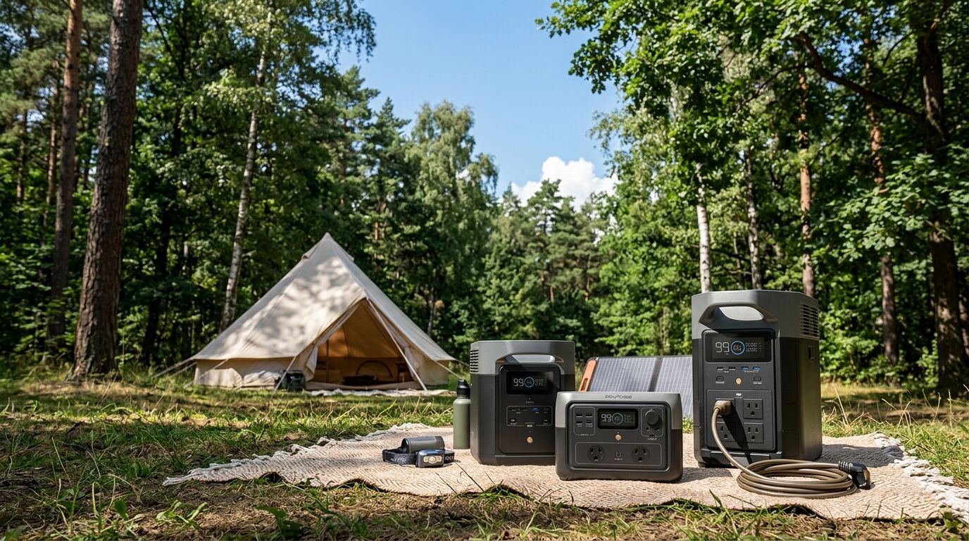Estaciones de carga portátiles en un campamento